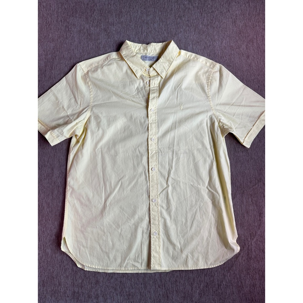 AllSaints Mens XL Pale Yellow Ramskull Short Sleeve Button Down Shirt